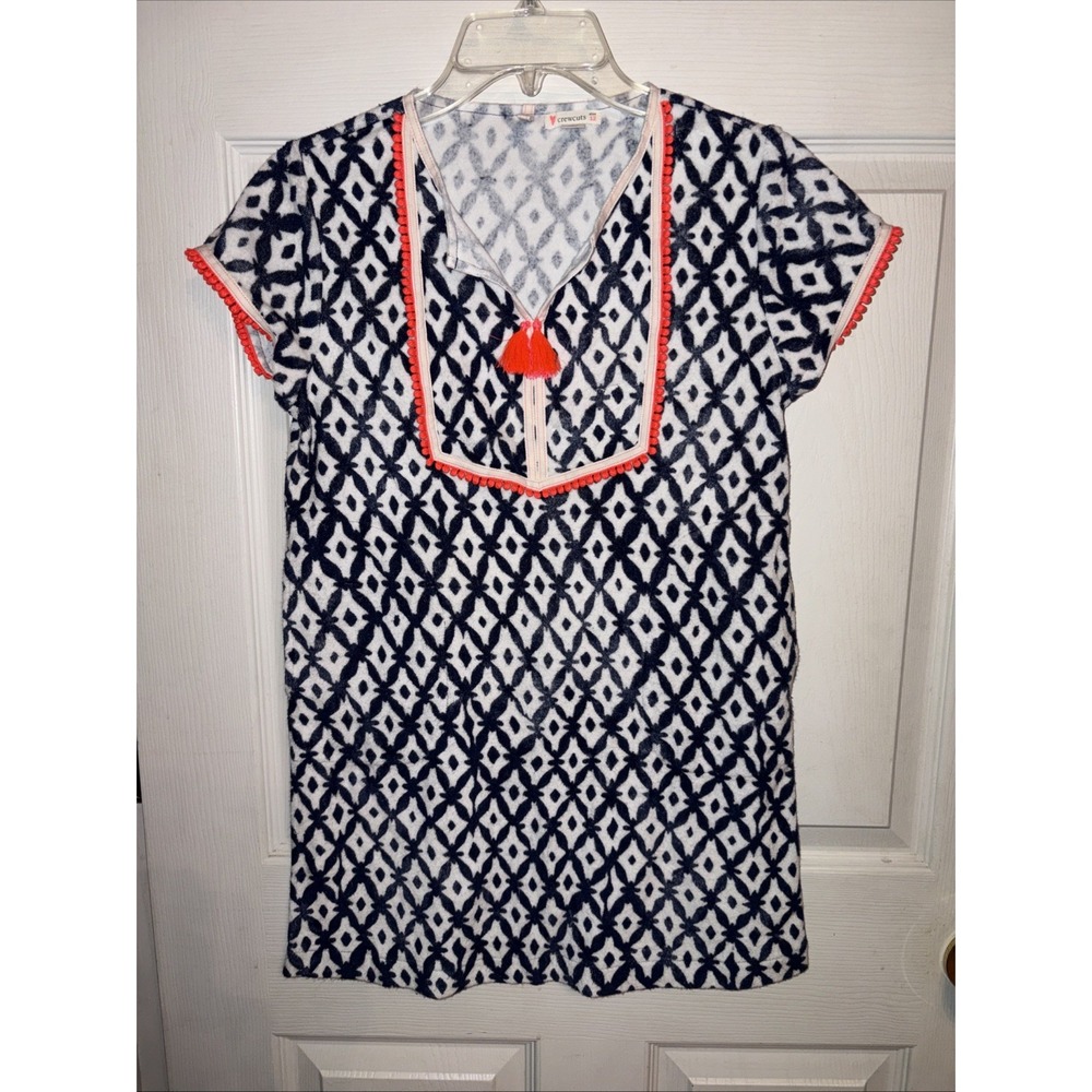 Crewcuts Girl's 12 Terry Cloth Dress Short Sleeve Printed Cover Up Navy Tassels